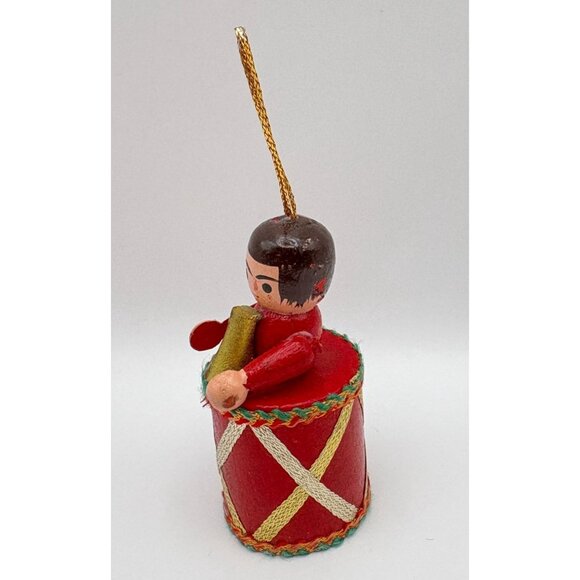 Vintage Wooden Drummer Boy Christmas Tree Ornament Red Drum & Gold Horn - Picture 7 of 8